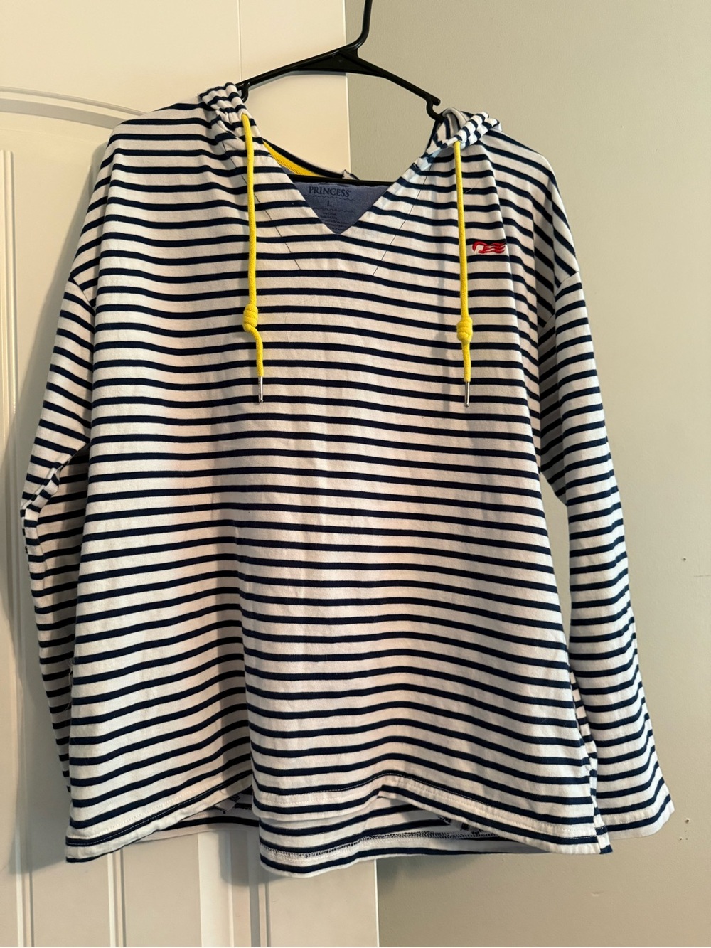 Striped Hooded Pullover Sweatshirt in Navy & White with Yellow Drawstrings